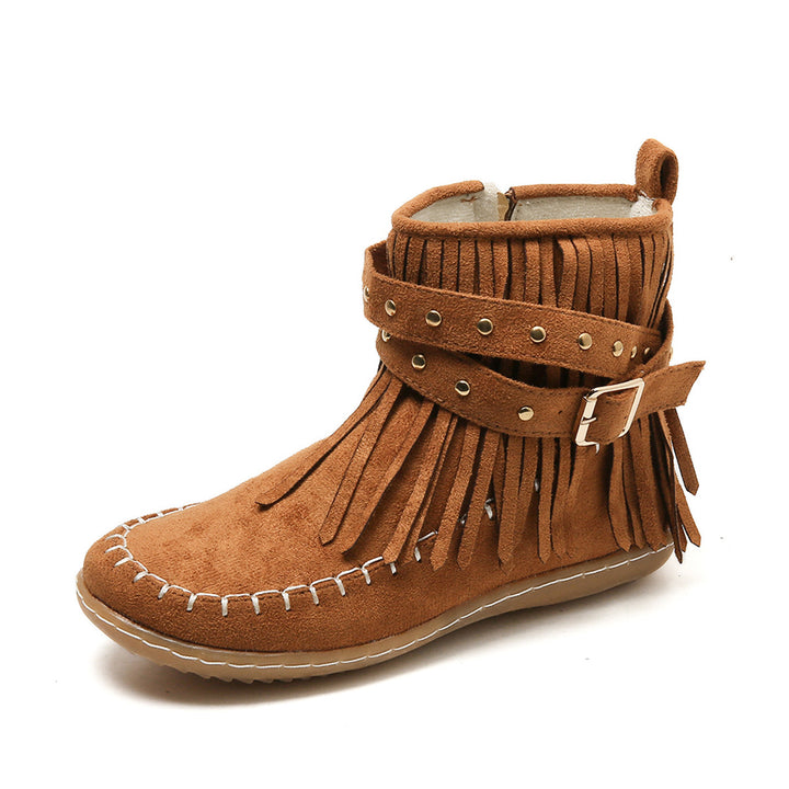 Damenstiefeletten aus Veloursleder – Lässige Fransen &amp; flacher Absatz