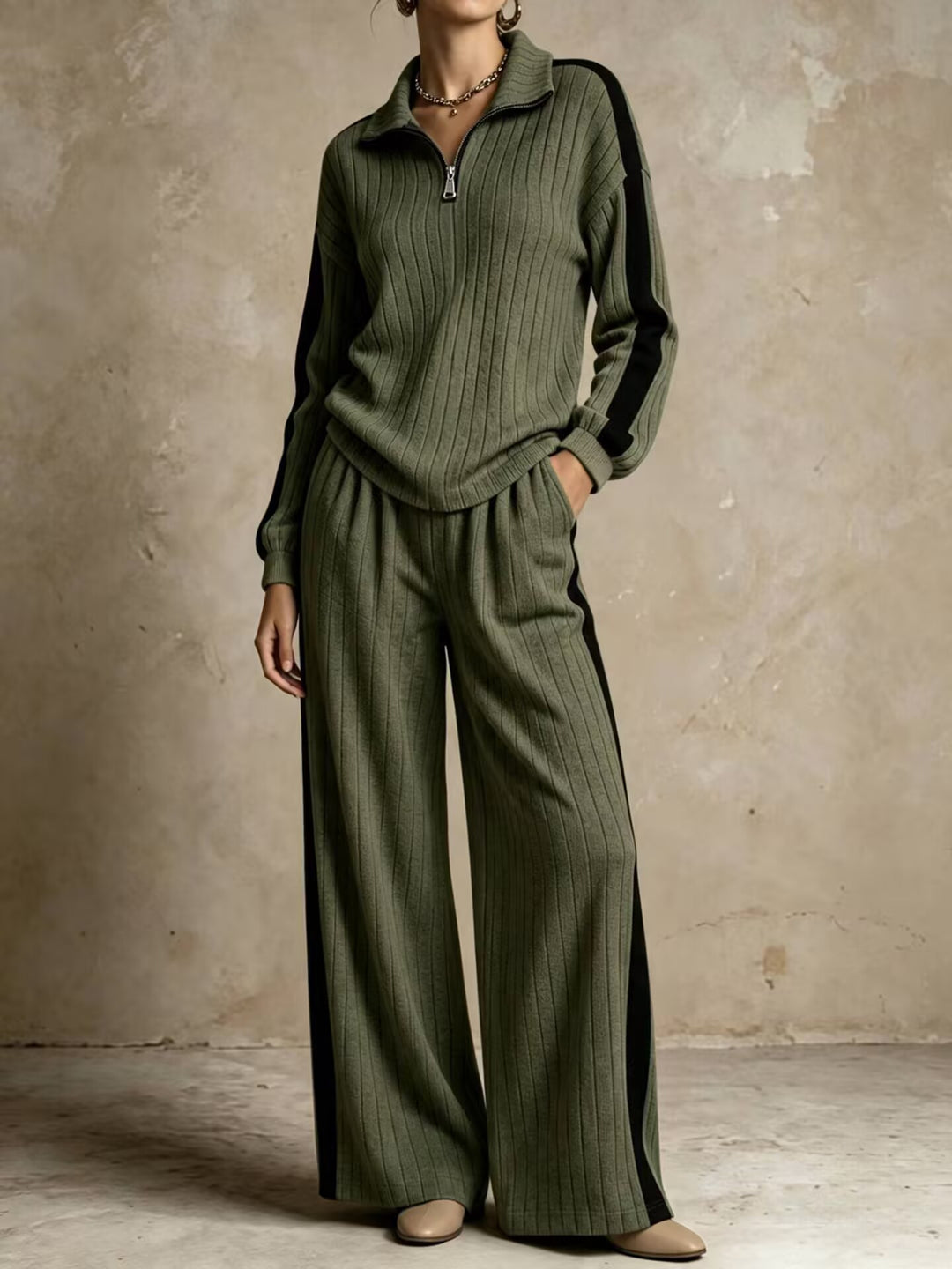 Ensemble Deux Pièces Femme Maille Côtelée – Haut Zippé &amp; Pantalon Large