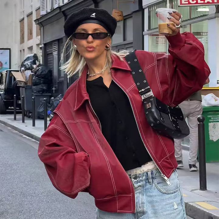 Veste Femme Motard Moto – Coupe Loose à Col Revers Zippé