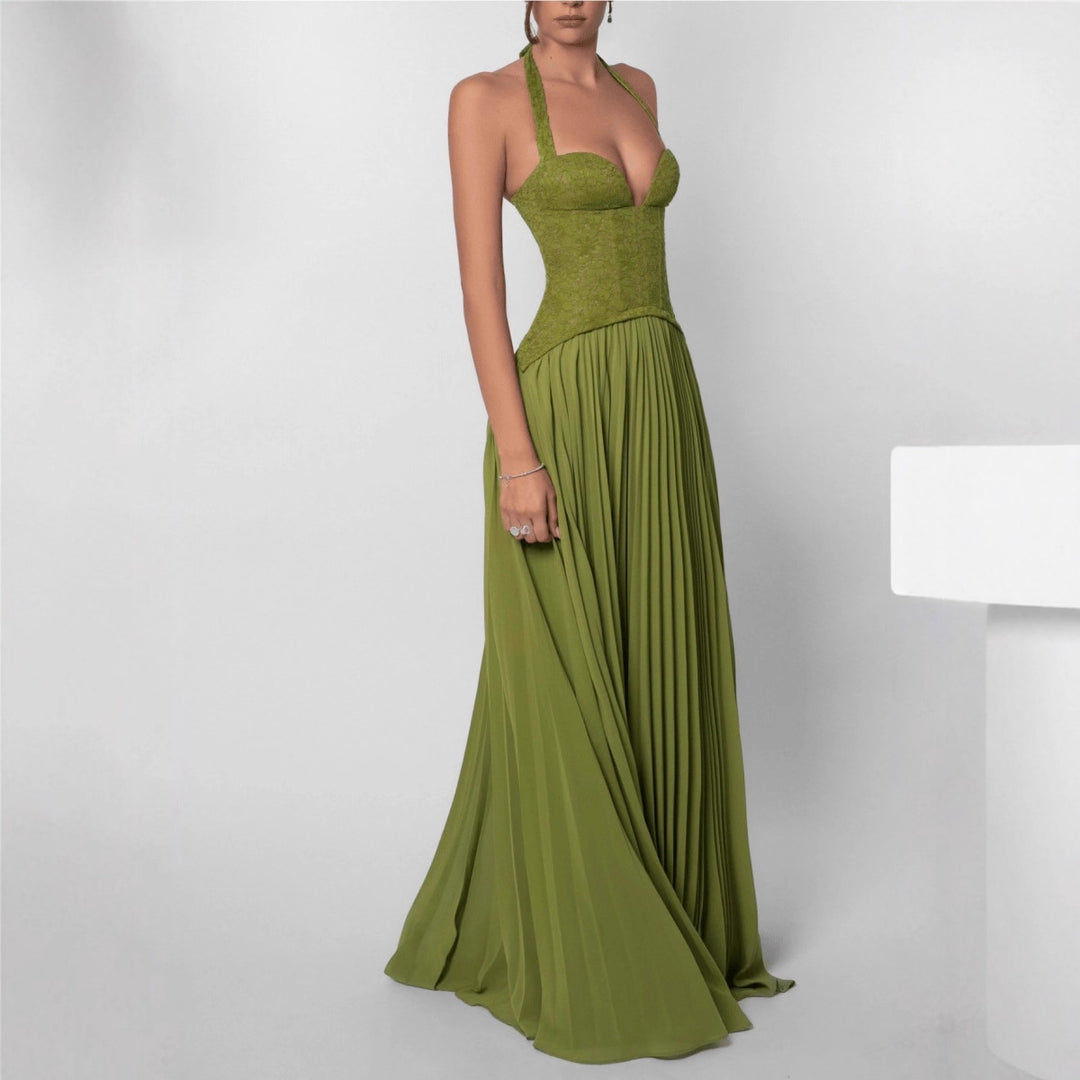 Robe Femme à Dos Nu – Plissée, Décolleté Plongeant, Liens Nuque
