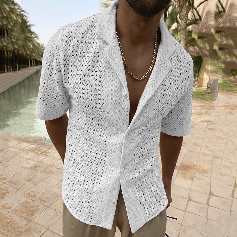 Chemise Homme Col Polo en Dentelle – Manches Courtes Ajourées