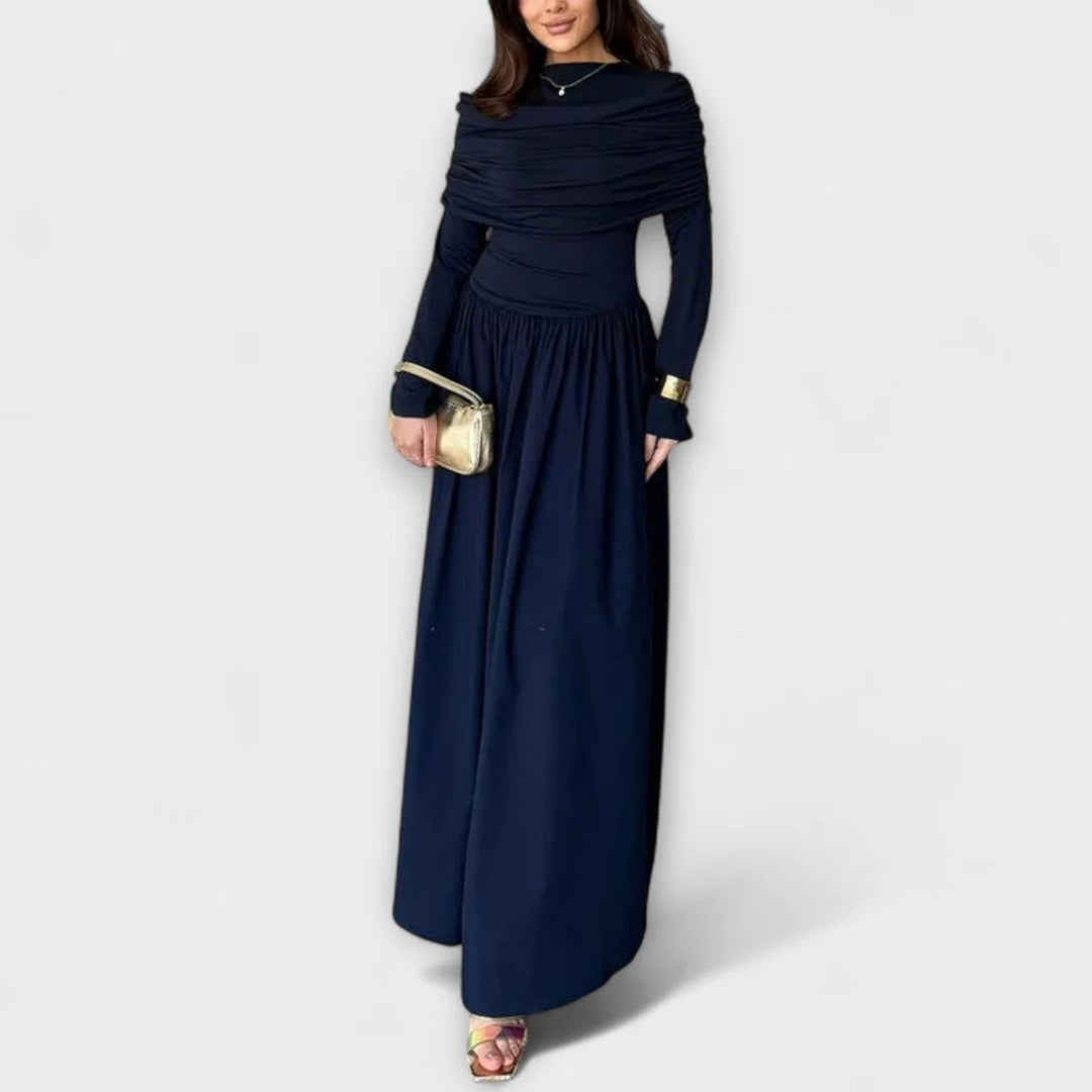 Langes plissiertes Damenkleid – Stehkragen, lange Ärmel