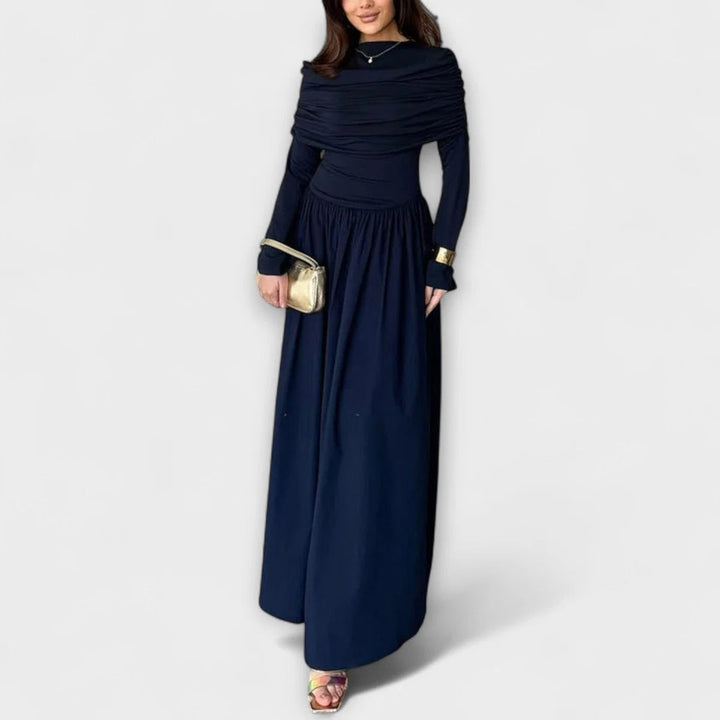 Langes plissiertes Damenkleid – Stehkragen, lange Ärmel