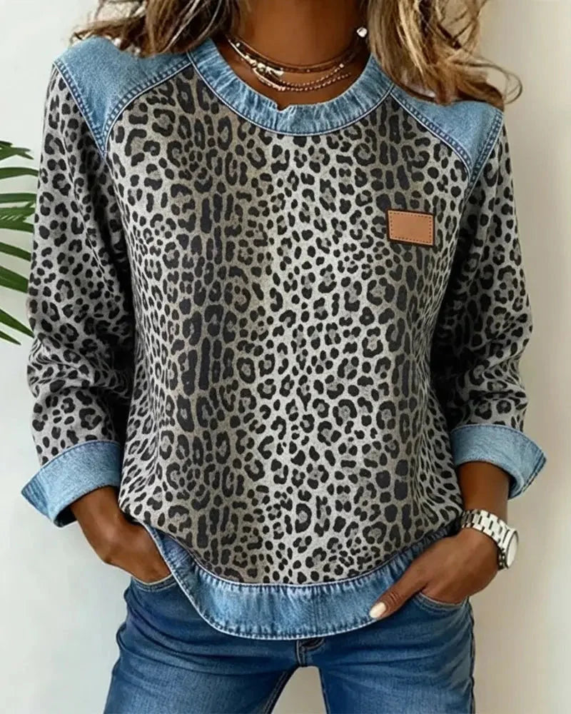 Patchwork-Sweatshirt für Damen – Rundhalsausschnitt, geprägtes Blumenmuster