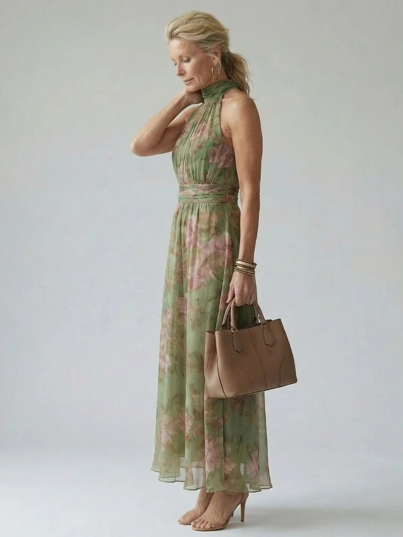 Langes Damenkleid – Neckholder-Ausschnitt, taillierte Passform, ausgestellter Saum