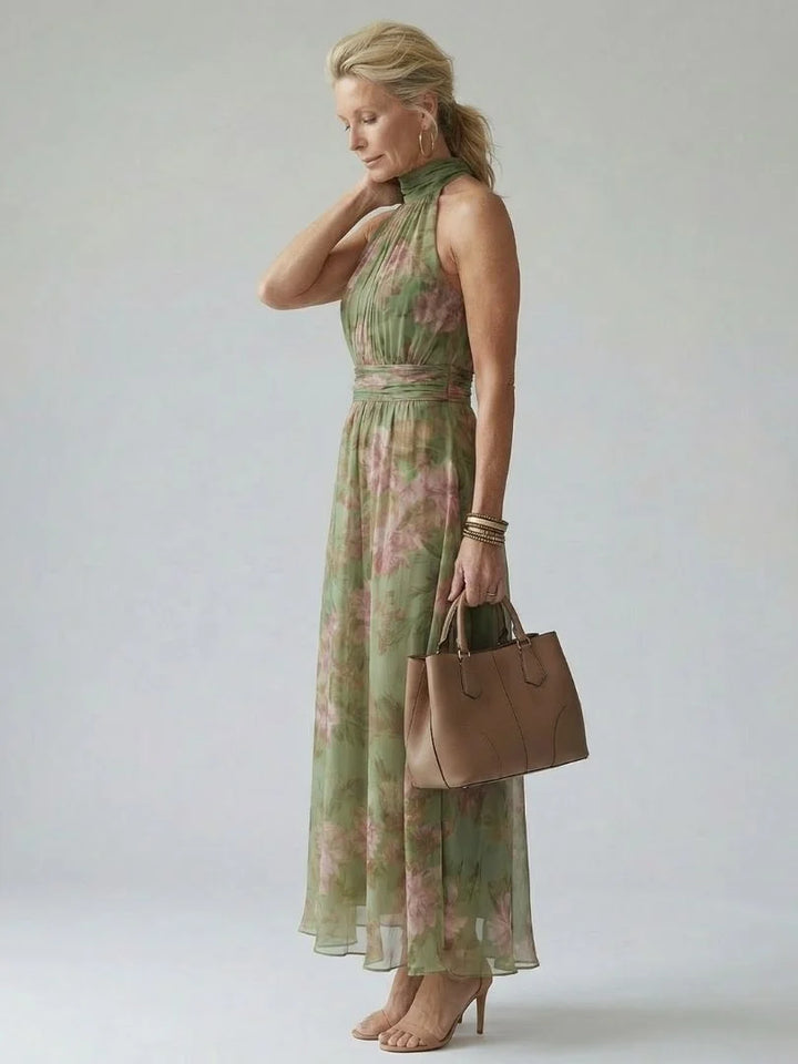 Langes Damenkleid – Neckholder-Ausschnitt, taillierte Passform, ausgestellter Saum
