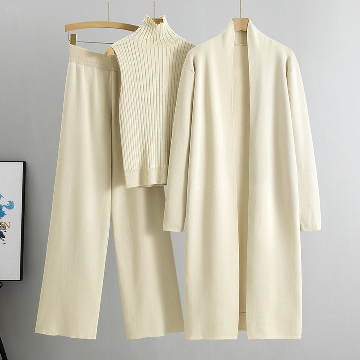 Dreiteiliges Damen-Strickset – ärmellose Weste, langer Cardigan und weite Hose
