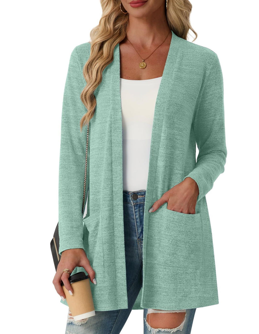 Cardigan Femme Long Ouvert en Maille – Poches Plaquées