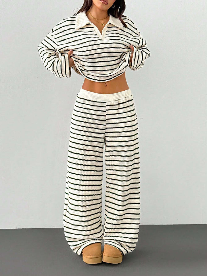 Ensemble Deux Pièces Femme Rayé – Maille Décontractée Pantalon Large
