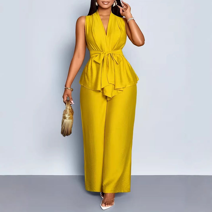 Damen-Set: asymmetrisches ärmelloses Top mit V-Ausschnitt und weit geschnittene Hose