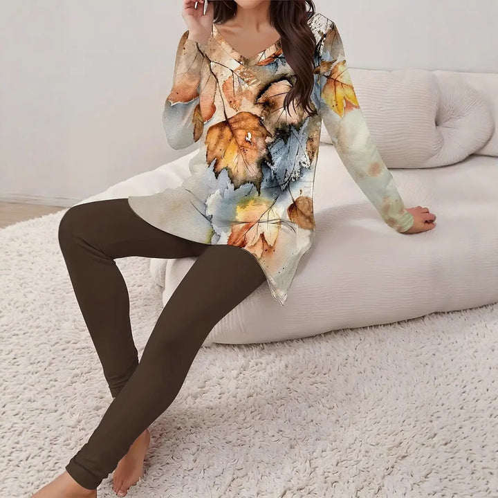 Vintage Two-Piece Women’s Set – Floral V-Neck Top &amp; Leggings