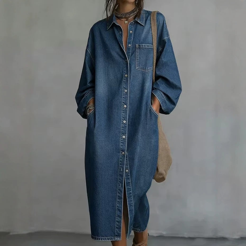 Denimskjortekjole til dame - Langt, svajende snit