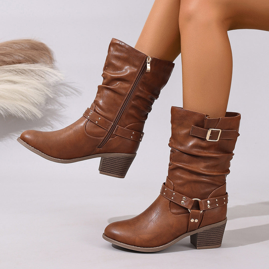 Botte Femme Plissée Mi-Mollet – Boucle et Rivets