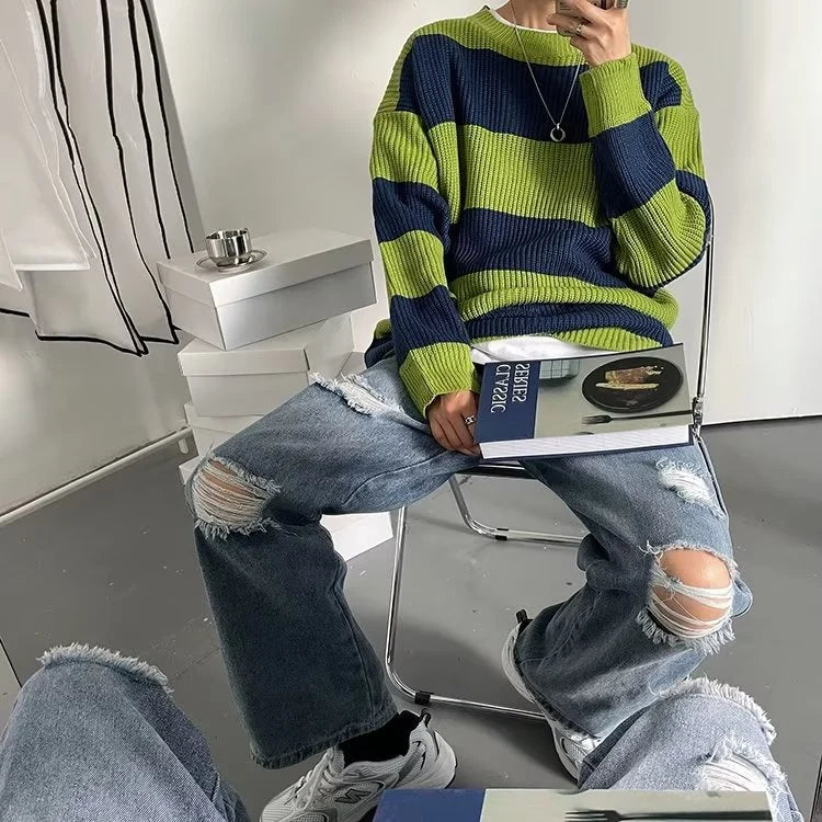Pull Homme à Rayures – Col Rond Coupe Ample