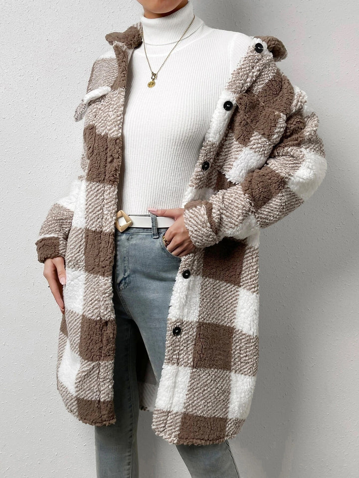 Manteau Femme Long Coupe Décontractée à Carreaux – Détail Splicé