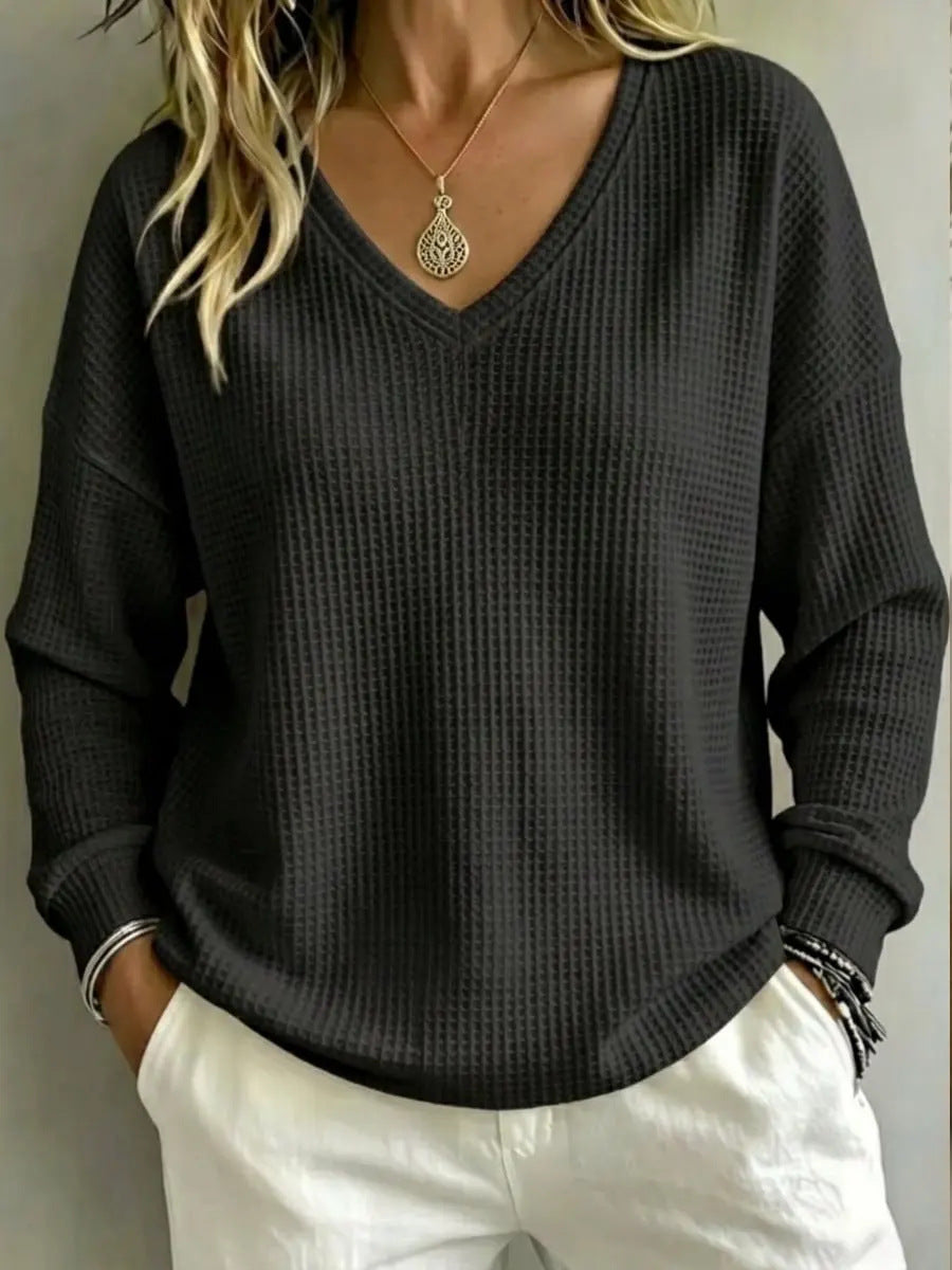 Top til dame med V-udskæring – Afslappet sweater med lange ærmer