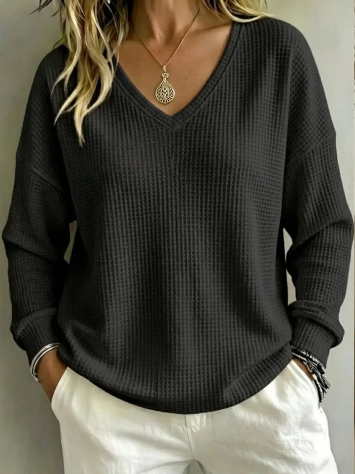 Top til dame med V-udskæring – Afslappet sweater med lange ærmer