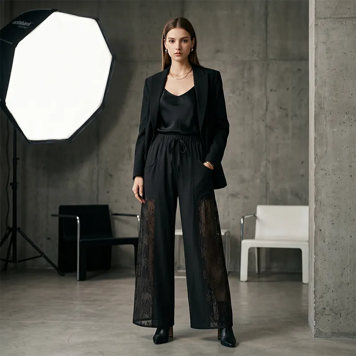 Weite Damenhose – Spitzendetail &amp; Kordelbund