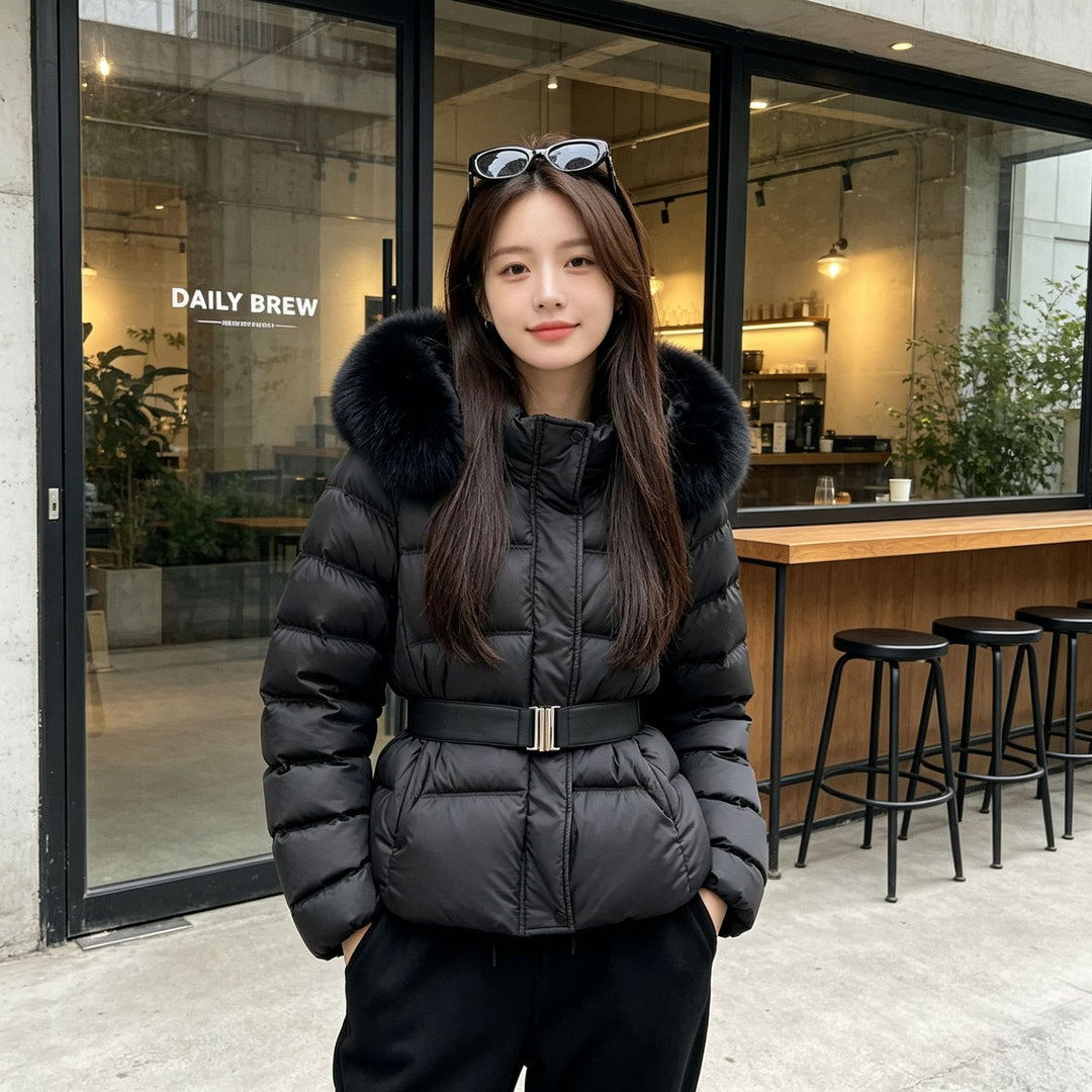 Manteau Femme Capuche Ceinturé – Col Fourrure Amovible, Taille Cintrée