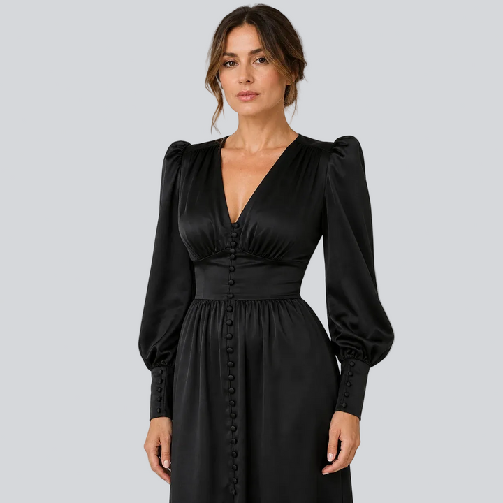 Satin-Midikleid für Damen – Laternenärmel, taillierter Schnitt
