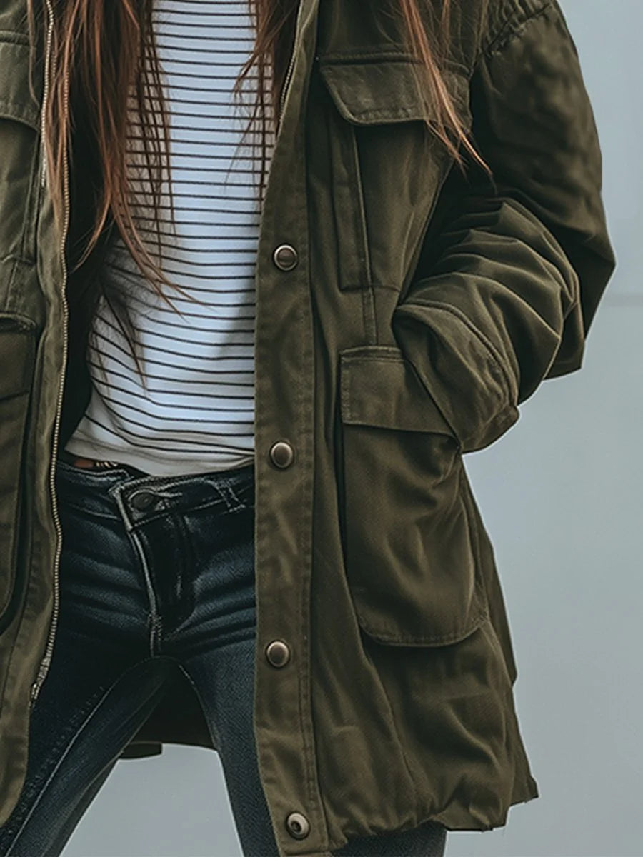 Veste Femme Windbreaker Utility – Col Amovible, Coupe Loose