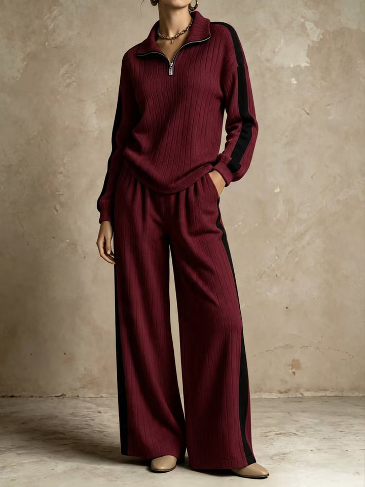 Ensemble Deux Pièces Femme Maille Côtelée – Haut Zippé &amp; Pantalon Large