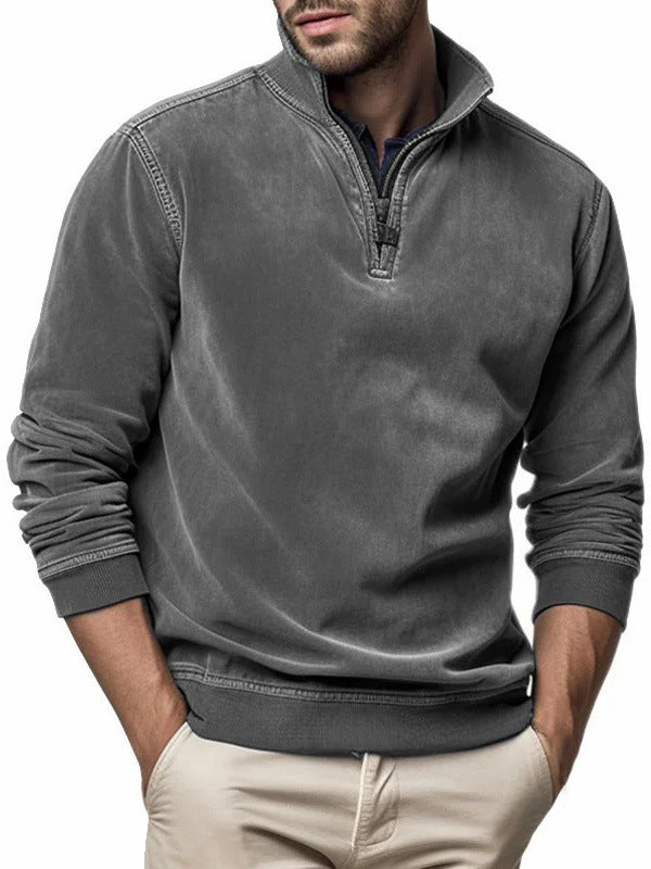Sweatshirt til mænd med halv lynlås og høj krave - diskret påsyet lomme