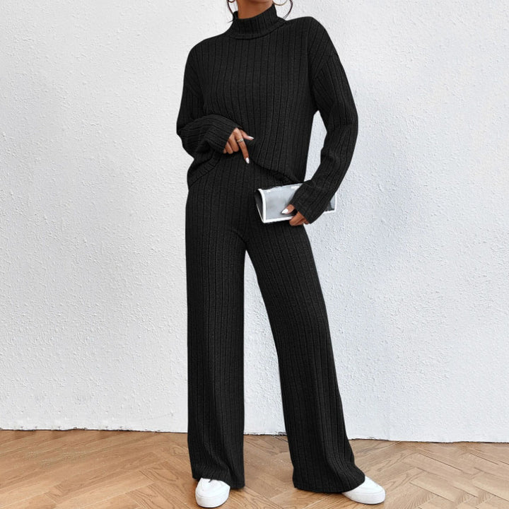 Ensemble Deux Pièces Femme en Maille – Pull Col Roulé et Pantalon Large