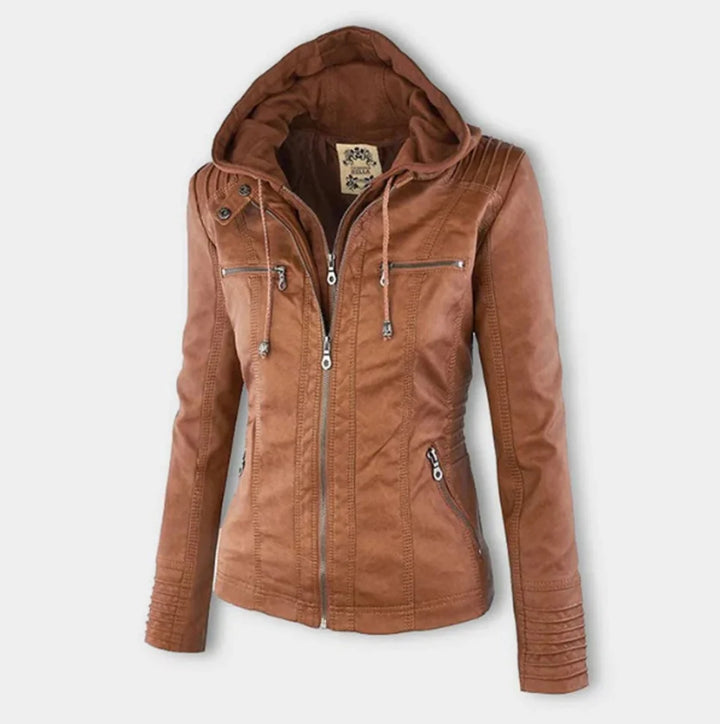 Vegane Motorradjacke für Damen – taillierter Schnitt mit abnehmbarer Kapuze