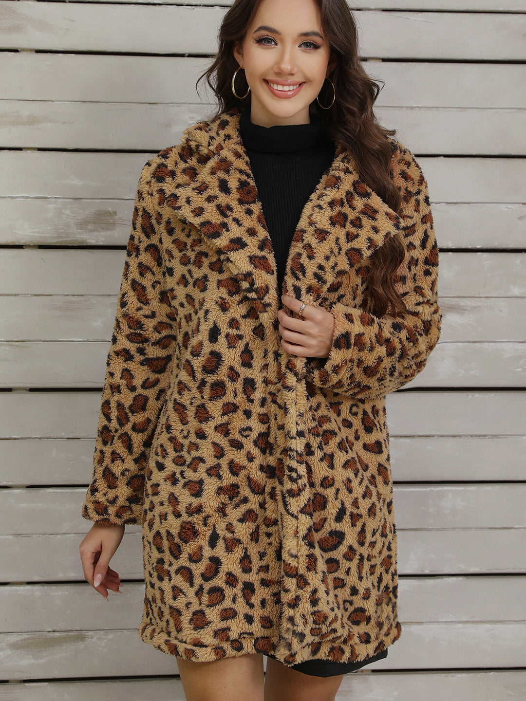 Manteau Femme Long Ligne Effet Peluche – Coupe Décontractée Imprimé Léopard
