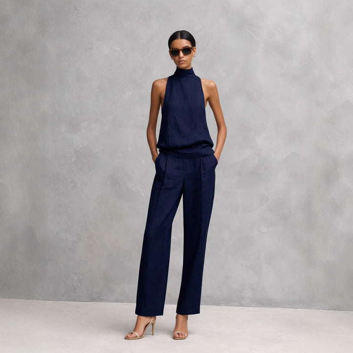 Damen-Set mit Stehkragen-Top ohne Ärmel und weiter Hose – moderne Silhouette