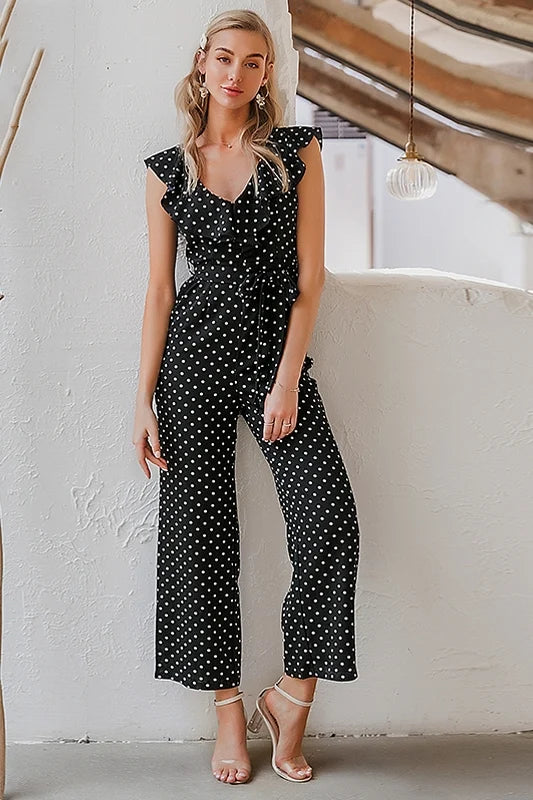 Combinaison Femme – Imprimé Pois, Encolure Volantée, Taille à Nouer