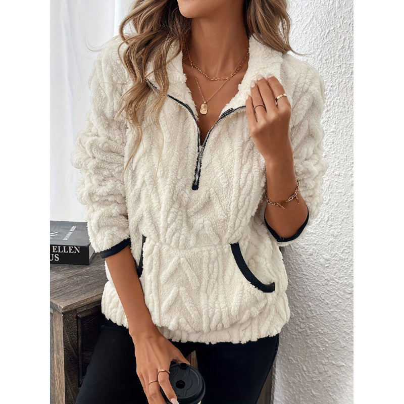 Sweater til dame med halv lynlås i blød strik - Tekstureret finish