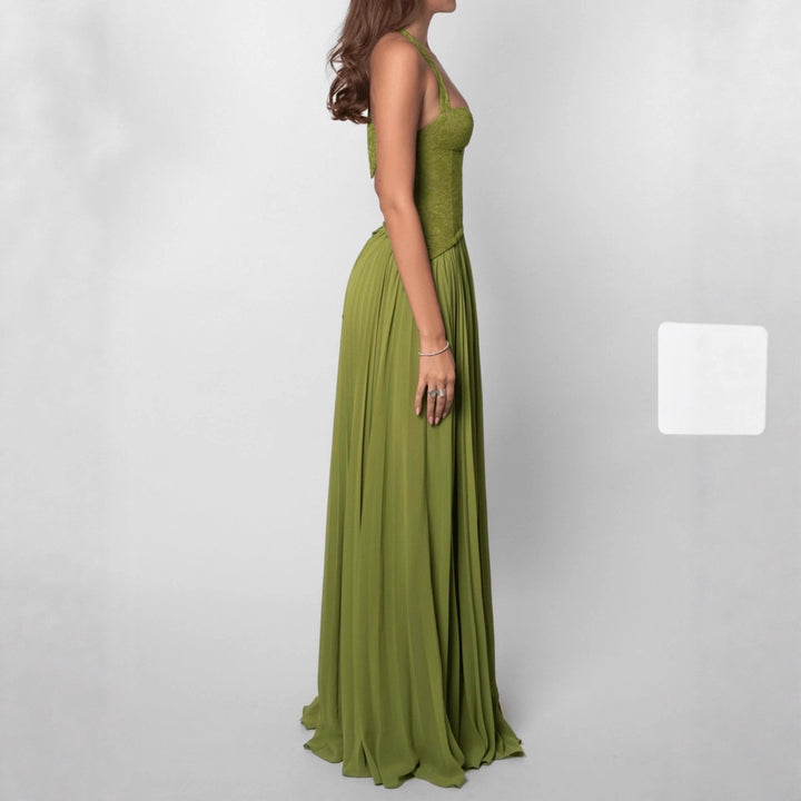 Robe Femme à Dos Nu – Plissée, Décolleté Plongeant, Liens Nuque