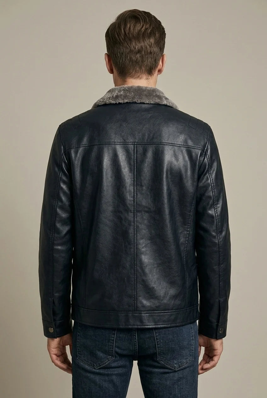 Veste Homme en Cuir Véritable – Doublure Polaire, Coupe Décontractée