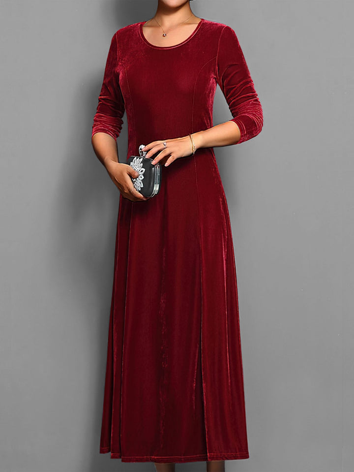 Langes Damen-Samtkleid – A-Linien-Schnitt mit eleganten 3/4-Ärmeln