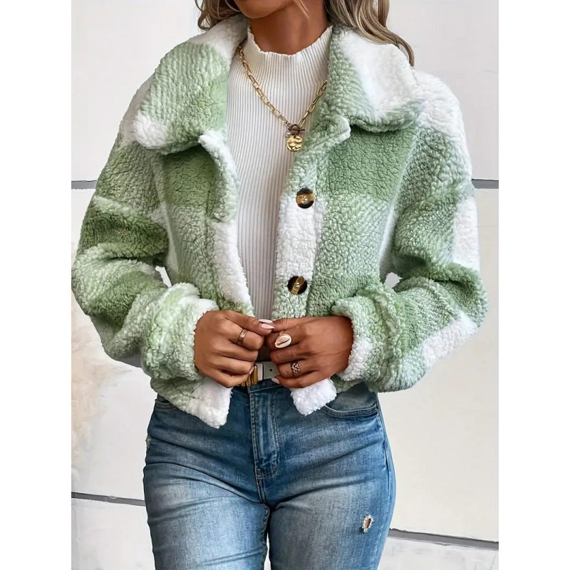 Veste Femme à Carreaux – Coupe Croppée, Tissu Doux et Épais