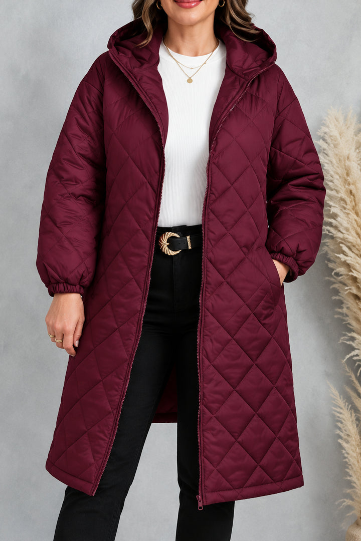 Manteau Long Matelassé à Capuche Femme – Coupe Décontractée Zippée