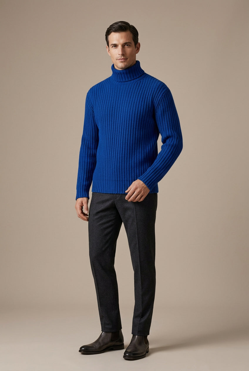 Herresweater med rullekrave i strik – slim fit med ribstrik