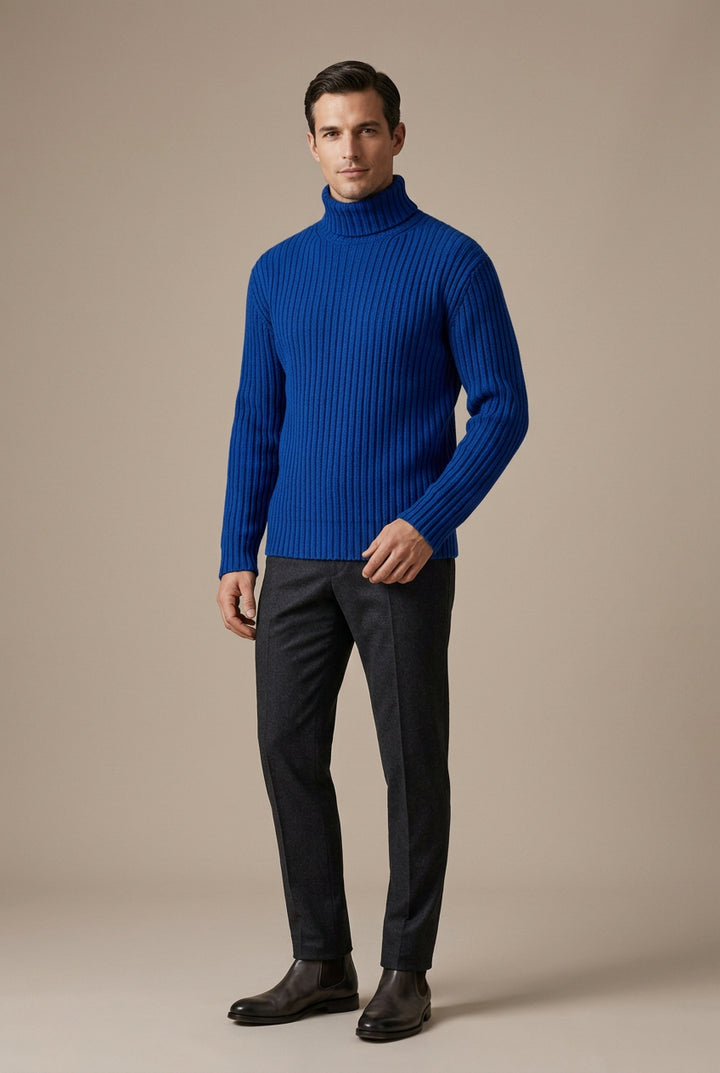 Herresweater med rullekrave i strik – slim fit med ribstrik