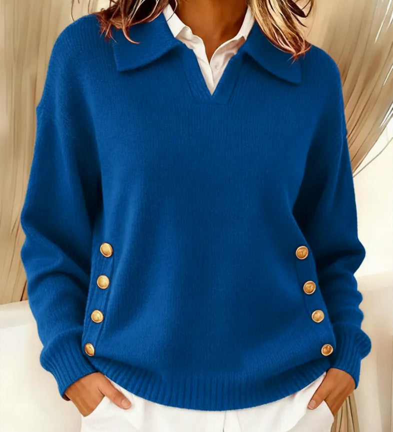Pullover i bomuld til kvinder - polokrave med knapper