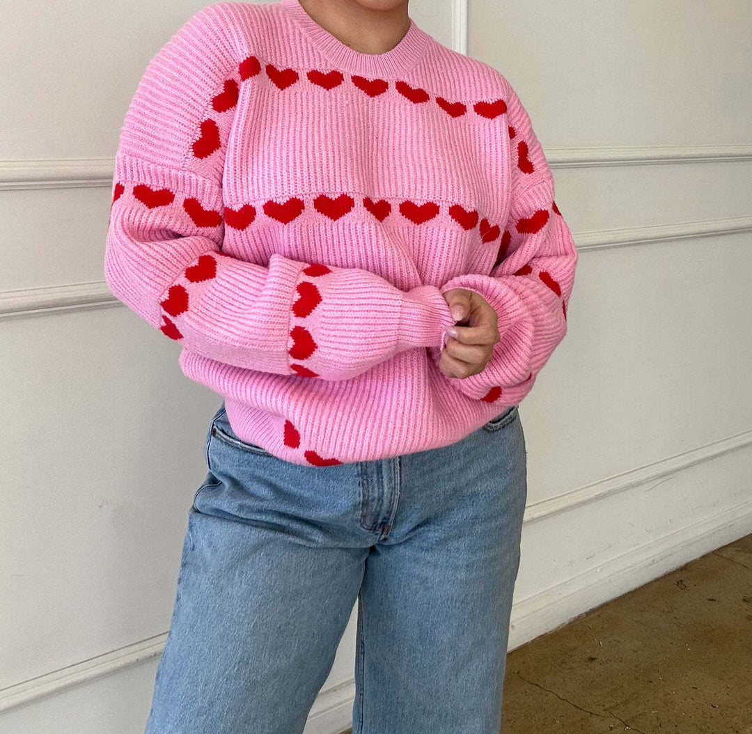Pull Femme Motif Cœur Jacquard – Coupe Décontractée Bicolore
