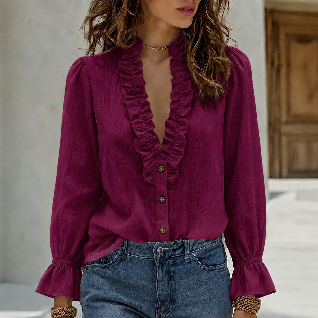 Blouse Femme à Volants – Décolleté V et Manches Longues Élégantes