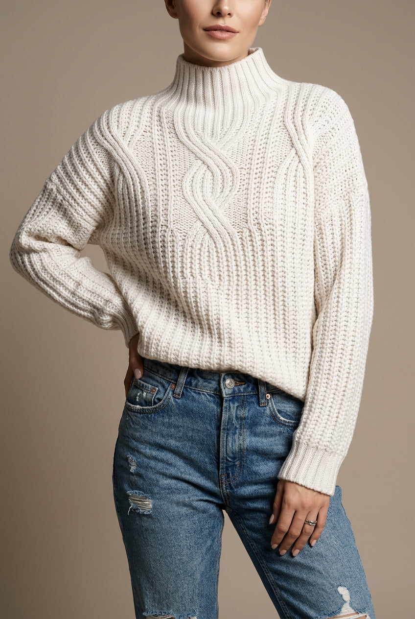 Pull Femme Col Montant Maille Torsadée – Coupe Ample Texturée