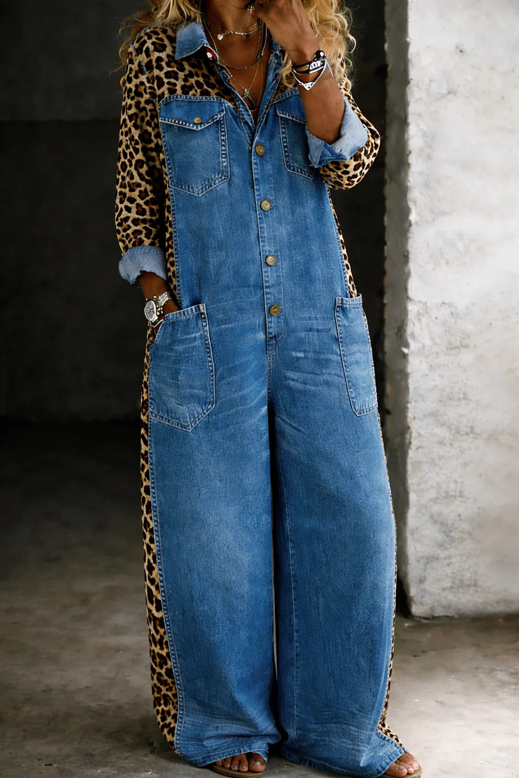 Gemusterter Damen-Jumpsuit – Lange Ärmel, Reverskragen, Lässiger Schnitt