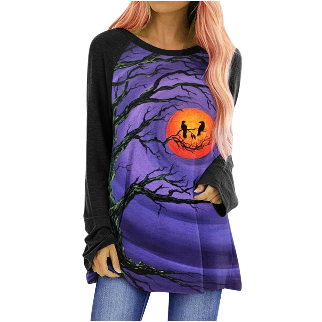 Langærmet halloweenbluse til kvinder – Afslappet rund hals med grafisk motiv