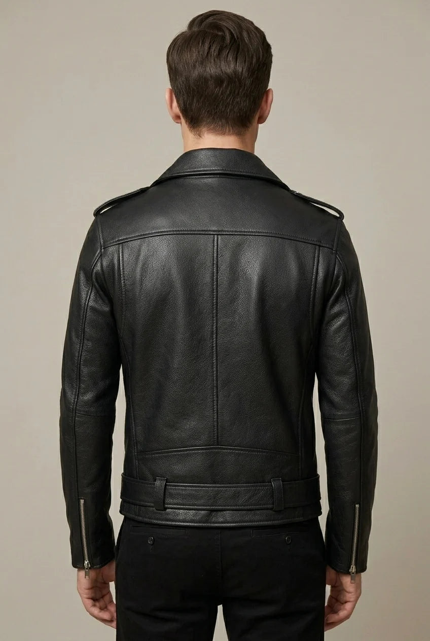 Veste Biker Homme en Cuir Vachette – Fermeture Asymétrique, Taille Ceinturée