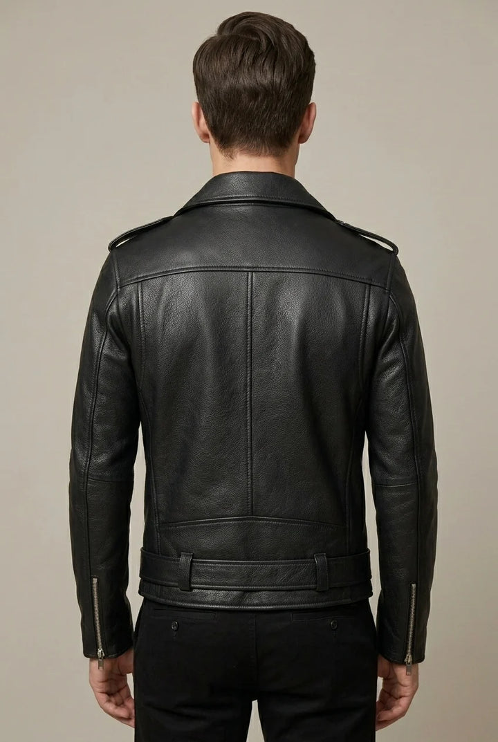 Veste Biker Homme en Cuir Vachette – Fermeture Asymétrique, Taille Ceinturée