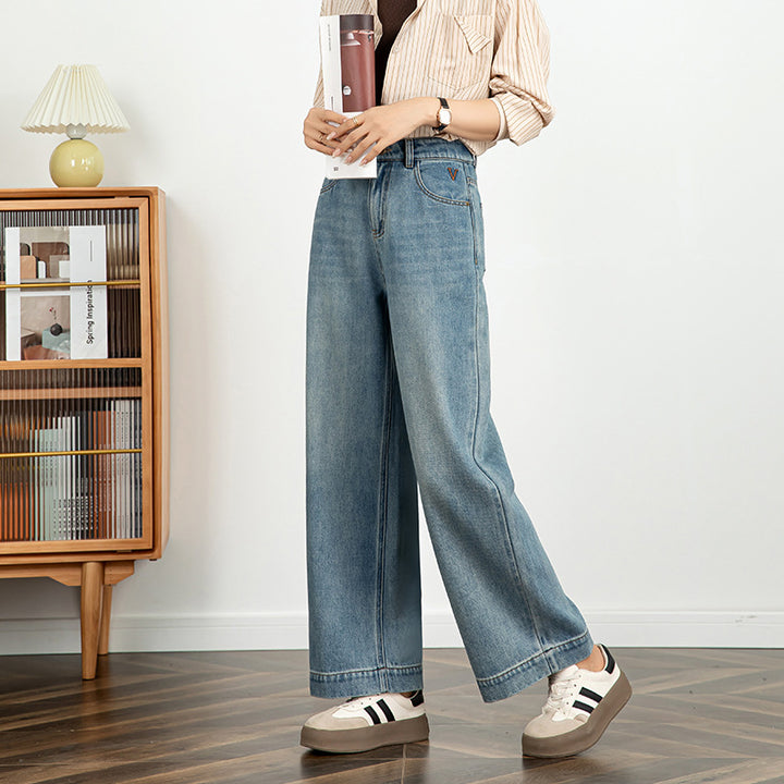 Vide jeans til damer med høj Størrelse – Cropped snit med broderet detalje