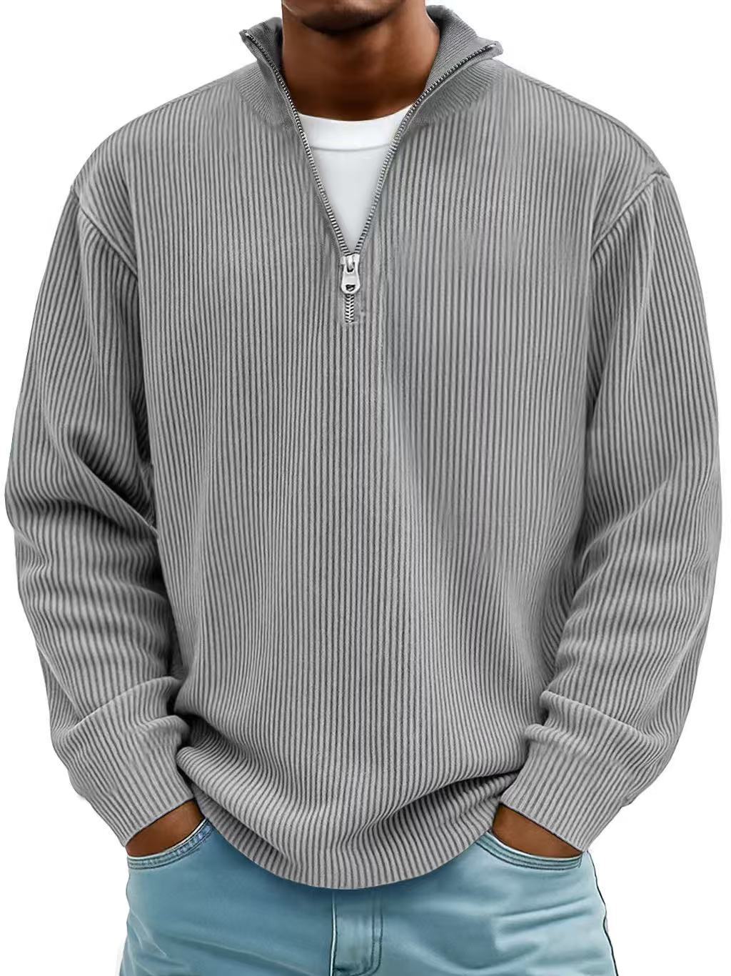 Herren-Pullover mit Stehkragen und Reißverschluss – gerippte Strickwaren, vielseitiger Look